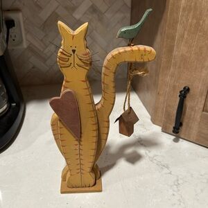 Wooden Folk Art Cat Figurine with Heart and Bird